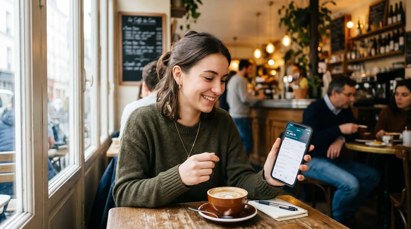 Jeune étudiant souriant consulte le solde de son Livret Jeune sur son smartphone, assis dans un café
