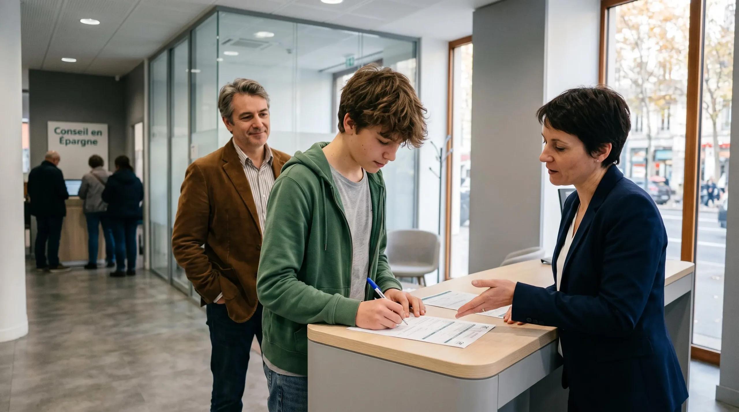 Un adolescent signe un formulaire d'ouverture de livret d'épargne au comptoir d'une banque, accompagné d'un conseiller et de son père.