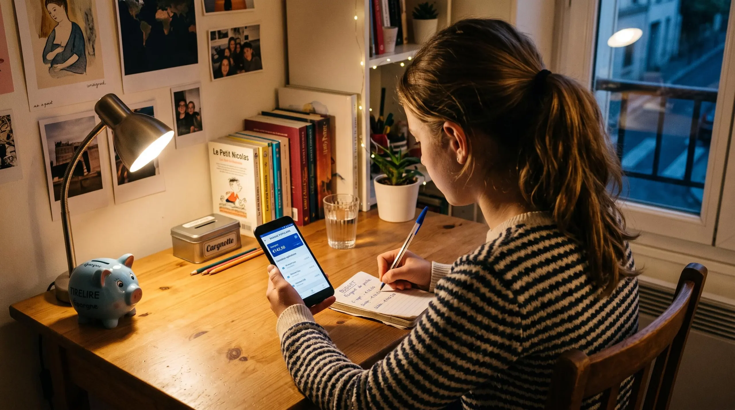 Une adolescente note dans un carnet un montant consulté sur l'application bancaire de son téléphone, assise à son bureau.