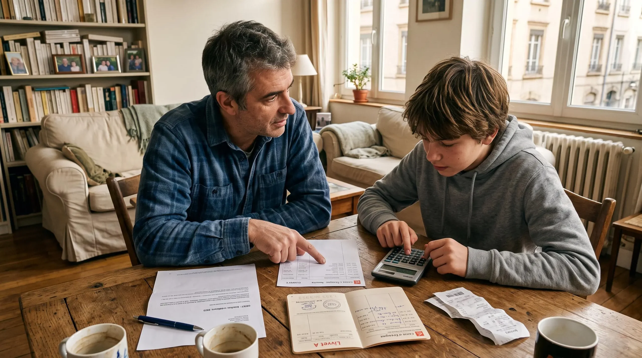 Un père et son fils adolescent calculent ensemble les intérêts d'un livret d'épargne avec une calculatrice, à la maison.