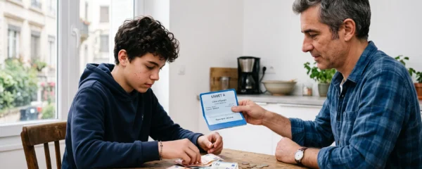 Un père et son fils adolescent comptent des billets d'anniversaire sur la table de la cuisine familiale avec un livret d'épargne.