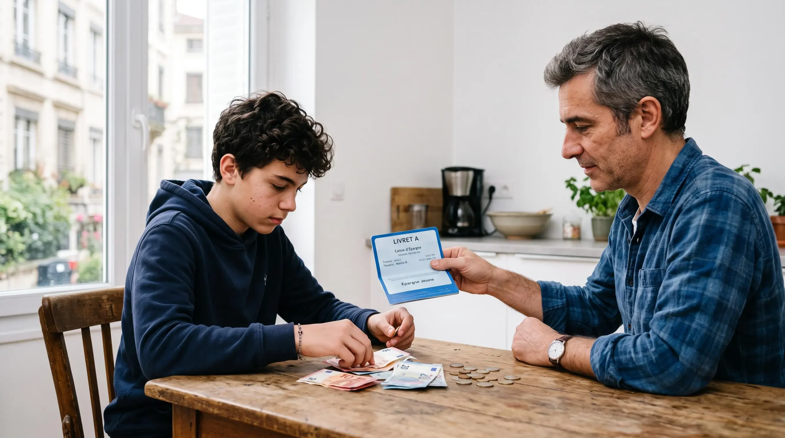 Un père et son fils adolescent comptent des billets d'anniversaire sur la table de la cuisine familiale avec un livret d'épargne.